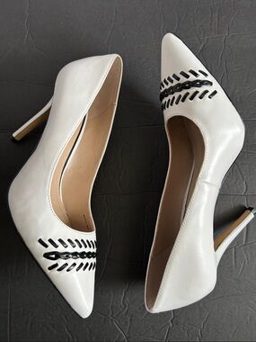 White House Black Market Olivia White Pointed Toe Heels with Black Braid Detail